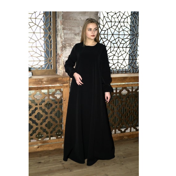 Black Maxi Abaya Dress, Oversized Long Sleeve, Muslim Clothing