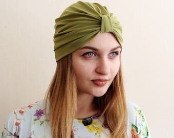 Olive Viscose Jersey Turban, Boho Chic Headband