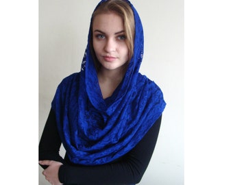 Navy Lace Infinity Scarf, Jersey Knit Hijab, Church Veil