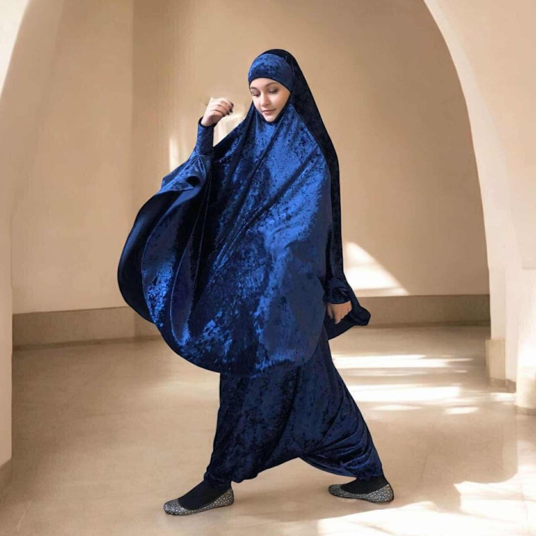 Velvet Navy Blue French Khimar Suit, Islamic Harem Pants Outfit - Etsy