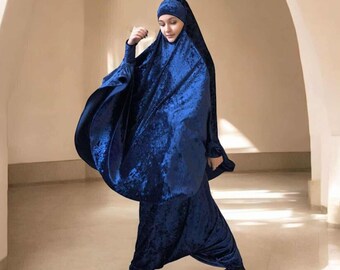 Velvet Navy Blue Franch Khimar Suit, Muslim Winter Suit, Harem