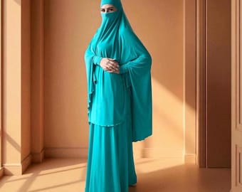 Bright Turquoise Jersey Khimar Niqab, Traditional Islamic Hijab