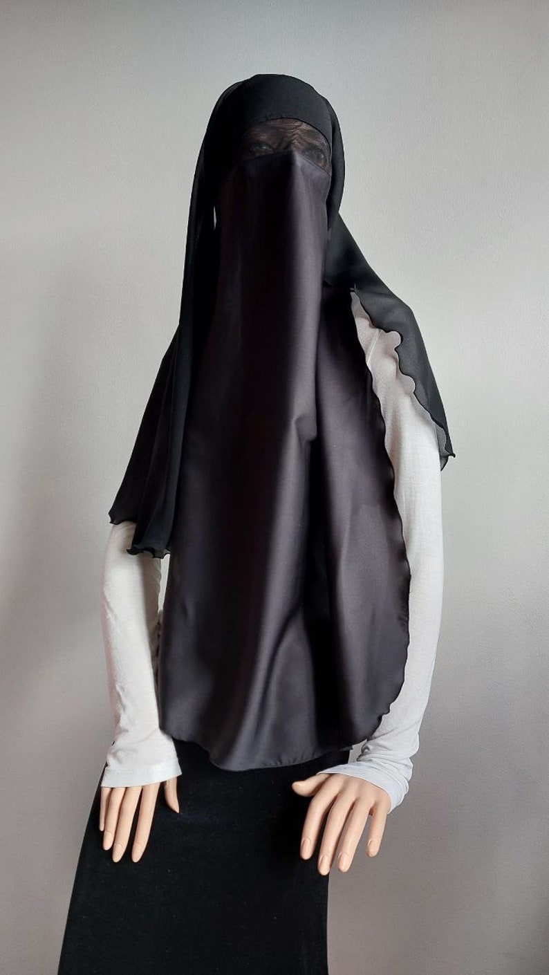 Black niqab burqa with veil, noir traditional burqa, hajji burka hijab, arabic headdress, face covering,chador image 3