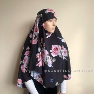Black Rose Print Hijab, Ready to Wear Tie Khimar