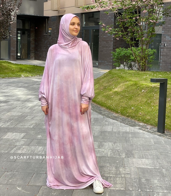 Pink Tie-Dye Jersey Maxi Dress with Attached Hijab, Modest Abaya