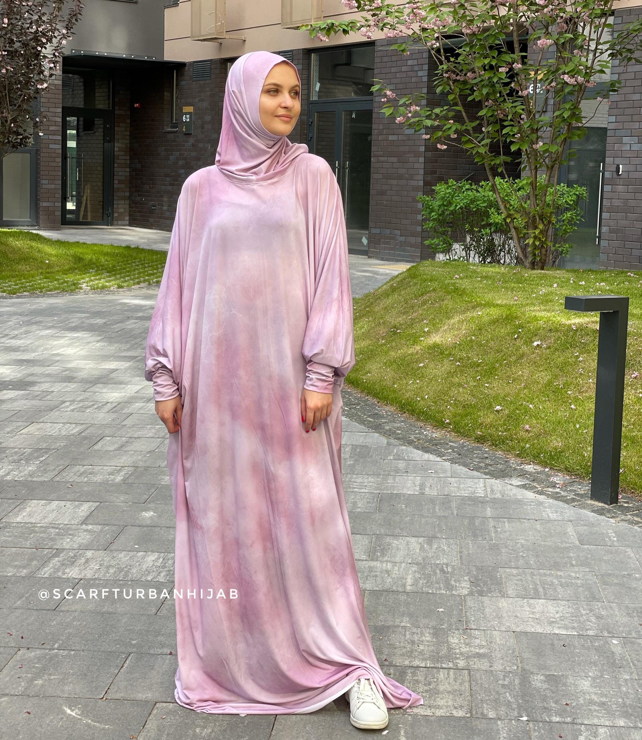 Pink Tie-Dye Jersey Maxi Dress with Attached Hijab, Modest Abaya
