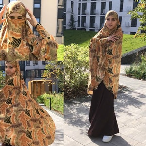 beige and brown Khimar with print, long jilbab hijab, nikab, islamic wear, ready to wear hijab, prayer scarf, muuslim