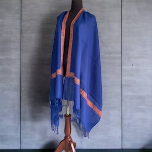 Bright blue Pashmina shawl with handmade orange embroidery, Floral Decoration, hijab for every occasion, Islamic Gift Scarf, Ethnic Palatine