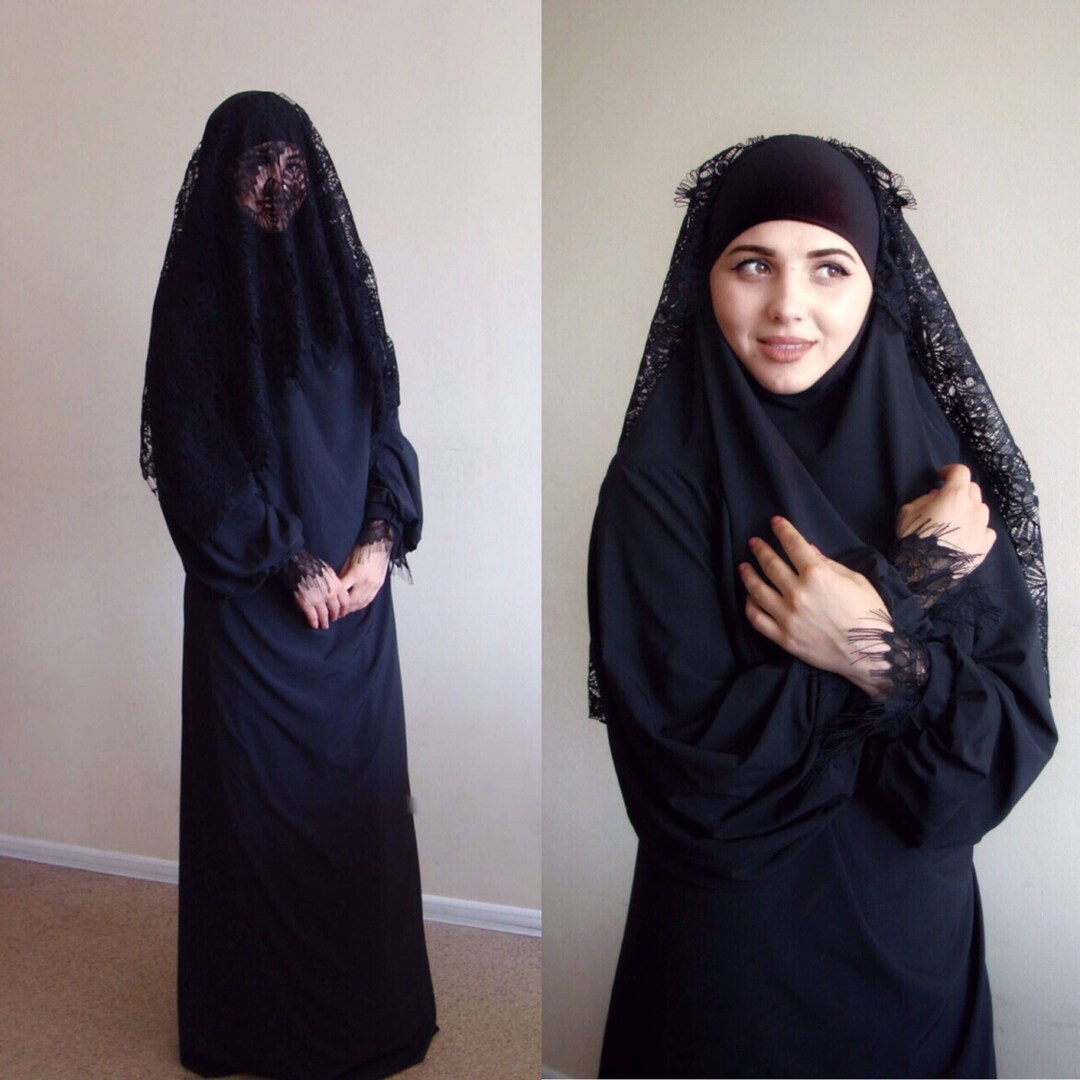 Black Khimar Maxi Dress Lace Niqab Veil Elegant Burqa pic photo