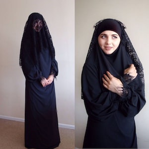 Black Khimar Maxi dress, Lace niqab veil,  elegant burqa, traditional hijab, ready to wear hijab, prayer Dress