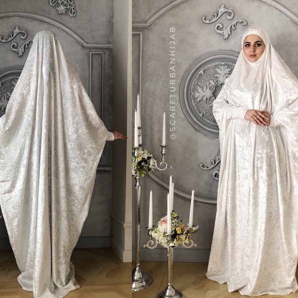 White velvet Khimar, muslim hajj dress, Wedding jilbab nikab, traditional ready to wear hijab, prayer Dress, islamic Burqa, niqqah, bridal