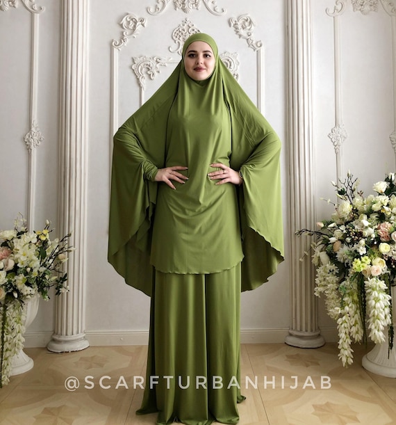 Olive Green Khimar Niqab, Jersey Muslim Dress with Skirt