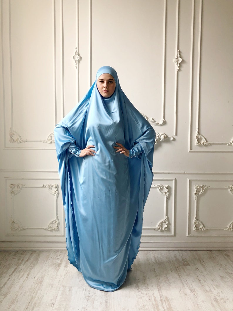 Sky blue Long Silk Khimar Elegant blue muslim dress Burqa Sky blue Long Silk Khimar Elegant blue muslim dress Burqa