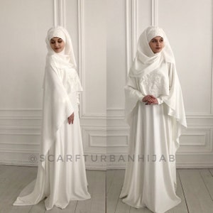 Modesty Wedding milk color costume, bridal hijab, islamic wedding, cape, long sleeve maxi dress