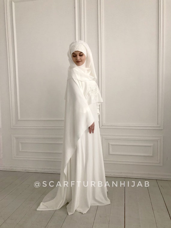 Modestie Mariage Lait Couleur Costume Hijab Mariée Mariage Islamique Cape Robe Longue à Manches Longues