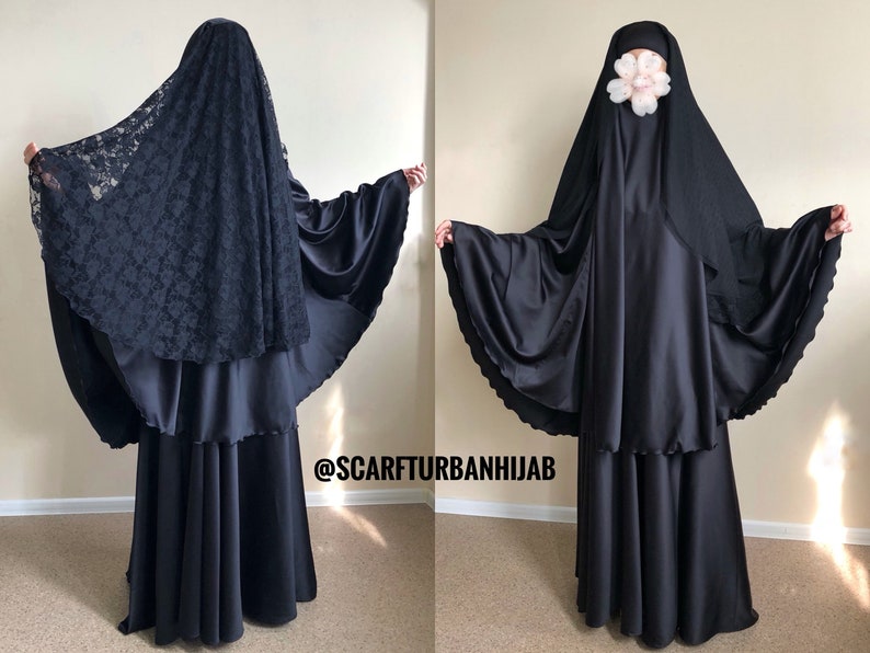  l gant costume musulman noir avec voile de 4 couches  long 