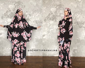 Jilbab suit khimar with roses print, Elegant floral abaya, franch khimar, islamic clothing, muslim cover, burqa long hijab, muslim dress