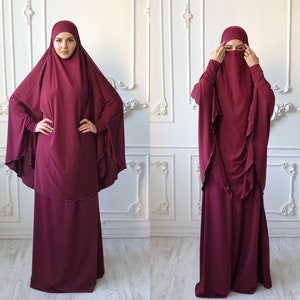 Burgundy Jilbab suit with skirt, Transformer Khimar, niqab burqa, Muslim dress, long nikab,ready to wear hijab, islamic gift clothing
