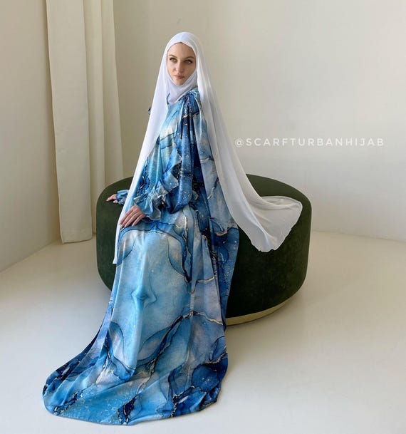 silk muslim dress Luxurious Silk Muslim Dress with Unique blue Agate Print