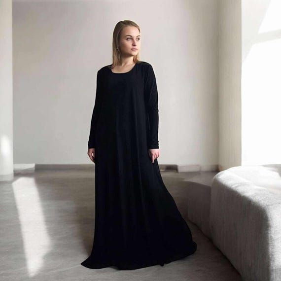 Black Maxi Dress, Oversize Long Sleeve Jersey Abaya, Elegant Islamic Clothing