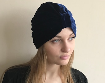 Navy Blue Velvet Turban, Vintage Boho Headband