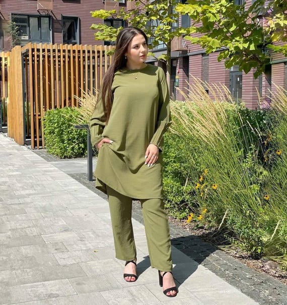 Green Viscose Tunic Suit, Oversized Boho Style, Muslim Clothing - Etsy