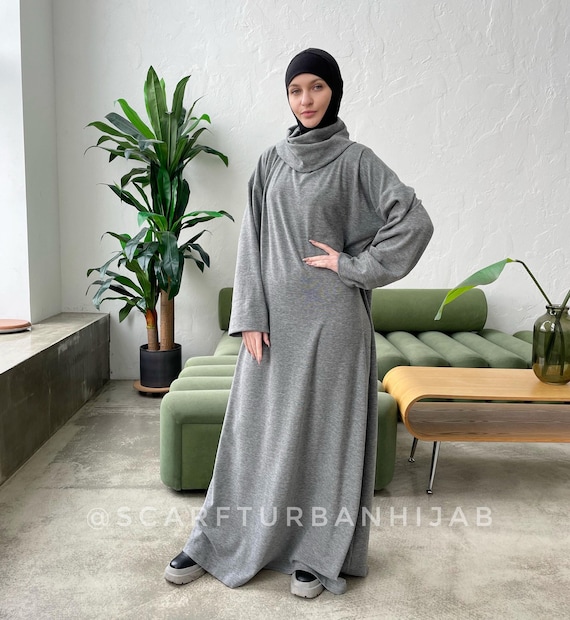 Gray Jersey Maxi Dress, Elegant High Collar Winter Abaya, Plus Size Clothing