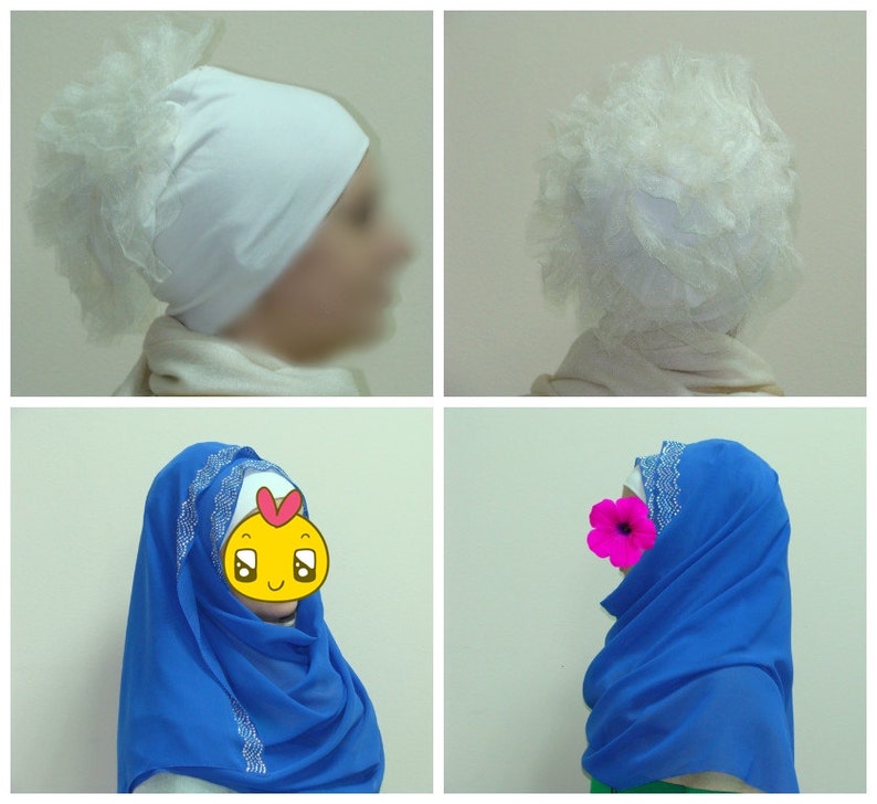 May include: Two different styles of white head coverings. The first is a white fabric head covering with a ruffled edge. The second is a white fabric head covering with a ruffled edge and a blue fabric scarf.