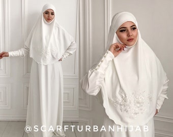 Muslim wedding dress with khimar, bridal hijab, hikkah costume, islamic wedding clothing