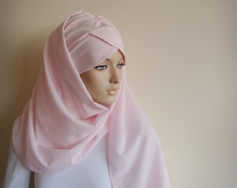 Handmade Pink Chiffon Turban Hijab, Ready to Wear Chapel Scarf