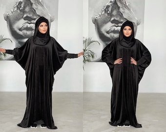 Black plush velour fee size maxi dress with hood, mantle dress, plus size evening clothing, elegant noir dress, Muslim abaya