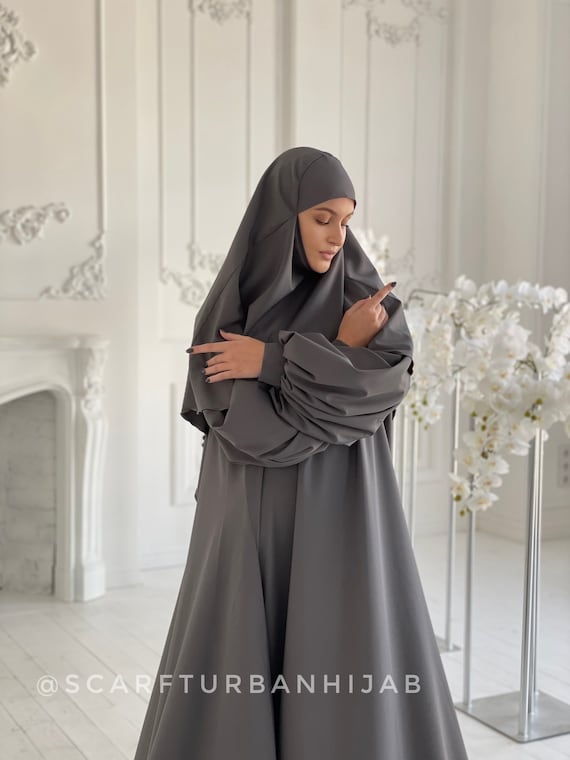 Elegant Gray Maxi Dress With Khimar Abaya Jilbab Etsy Australia