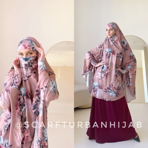 Light brown Floral Print khimar  transformer to niqab, jilbab