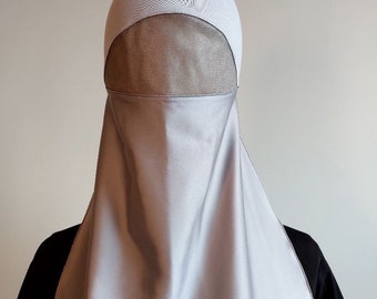 Silver Gray Netted Niqab, Traditional Islamic Face Veil