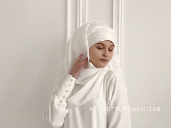 Milk color wedding hijab with lace decoration bridal hijab | Etsy