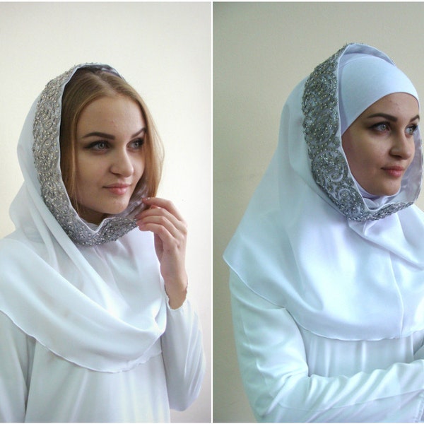 Infinity silver white scarf Chiffon, White hijab,Wedding hijab,Wedding veil, Hijab set, stone hijab,Ready to wear hijab,Scarf Handmade,nikah