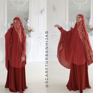 Long Muslim coral hijab, lace decoration jilbab, elegant islamic khimar, abaya, prayer clothing, islam Ramadan gift, ready to wear hijab