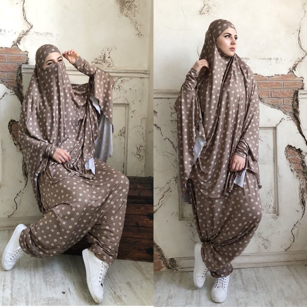 Franch khimar costume beige, costume de sport musulman jilbab, pantalon harem, hijab long, Hijab sport élégant, niqab brun, pantalon Afghani Boho