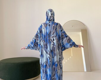 Blue Paisley Jersey Maxi Dress with Attached Hijab