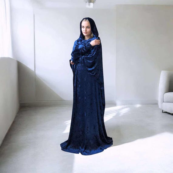blue velvet hooded dress Navy Blue Velvet Hooded Maxi Dress, Plus Size Mantle Gown