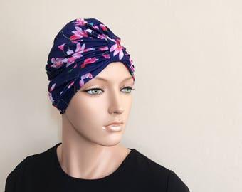 Navy Floral Turban, Stretchy Viscose Jersey Boho Headband