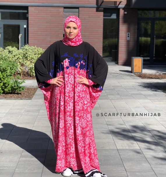 jersey prayer dress Pink Floral Muslim Prayer Dress with Scarf Hijab, Viscose Jersey Abaya