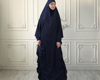 Navy Blue Silk Khimar, Long Jilbab, Elegant Muslim Dress