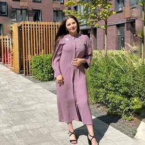 Long purple dress with stone embellishment with hidden zipper closure, suitable for breast feeding, casual abaya, Islamic clothing