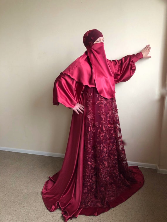 Burgundy Silk Satin Maxi Dress With Long Sleeves, Muslim Dress , Nikkah  Wedding Outfit, Elegant Hijab - Etsy