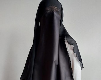Black Niqab Burqa with Veil: See-Through Netting, Polyester Viscose Silk