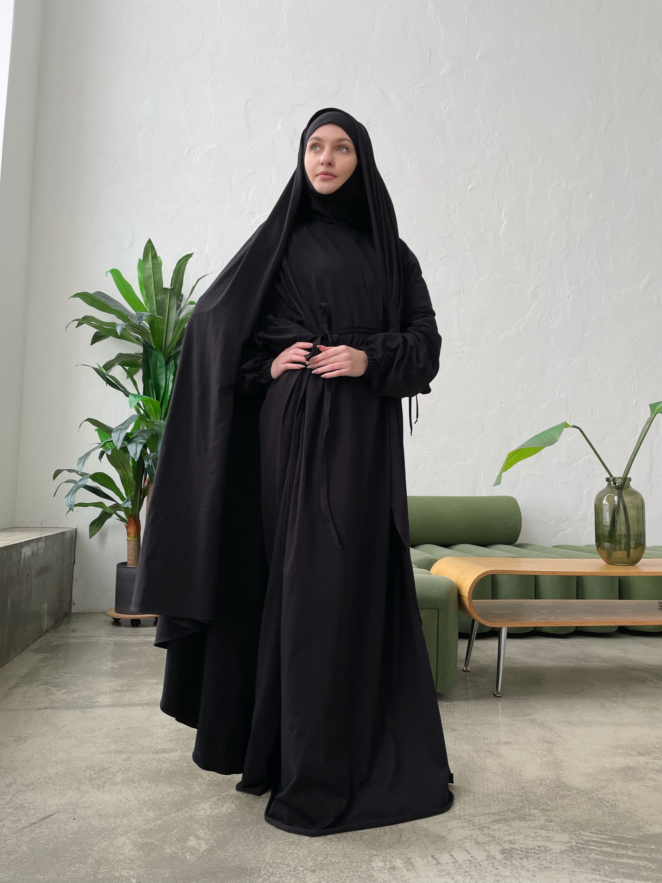 Elegant Black Cotton Jersey Abaya Dress with Hijab and Cape Elegant Black Cotton Jersey Abaya Dress with Hijab and Cape