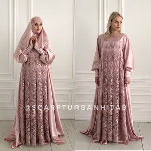 Blush pink silk satin maxi dress with long sleeves, Muslim dress , nikkah wedding outfit, elegant hijab