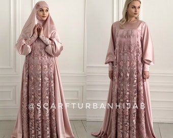 Blush pink silk satin maxi dress with long sleeves, Muslim dress , nikkah wedding outfit, elegant hijab