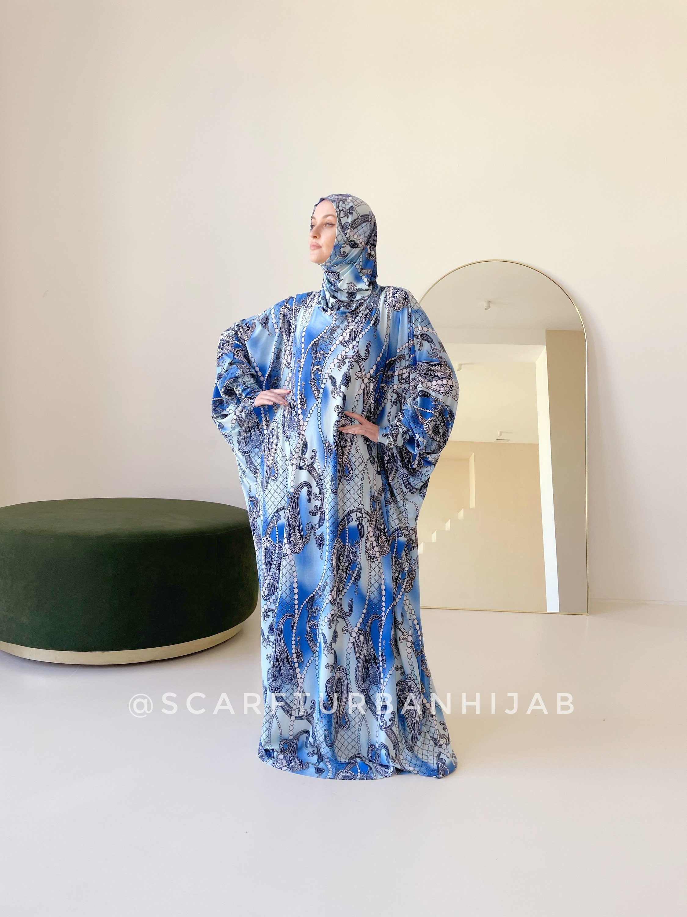 Blue Paisley Jersey Maxi Dress with Attached Hijab